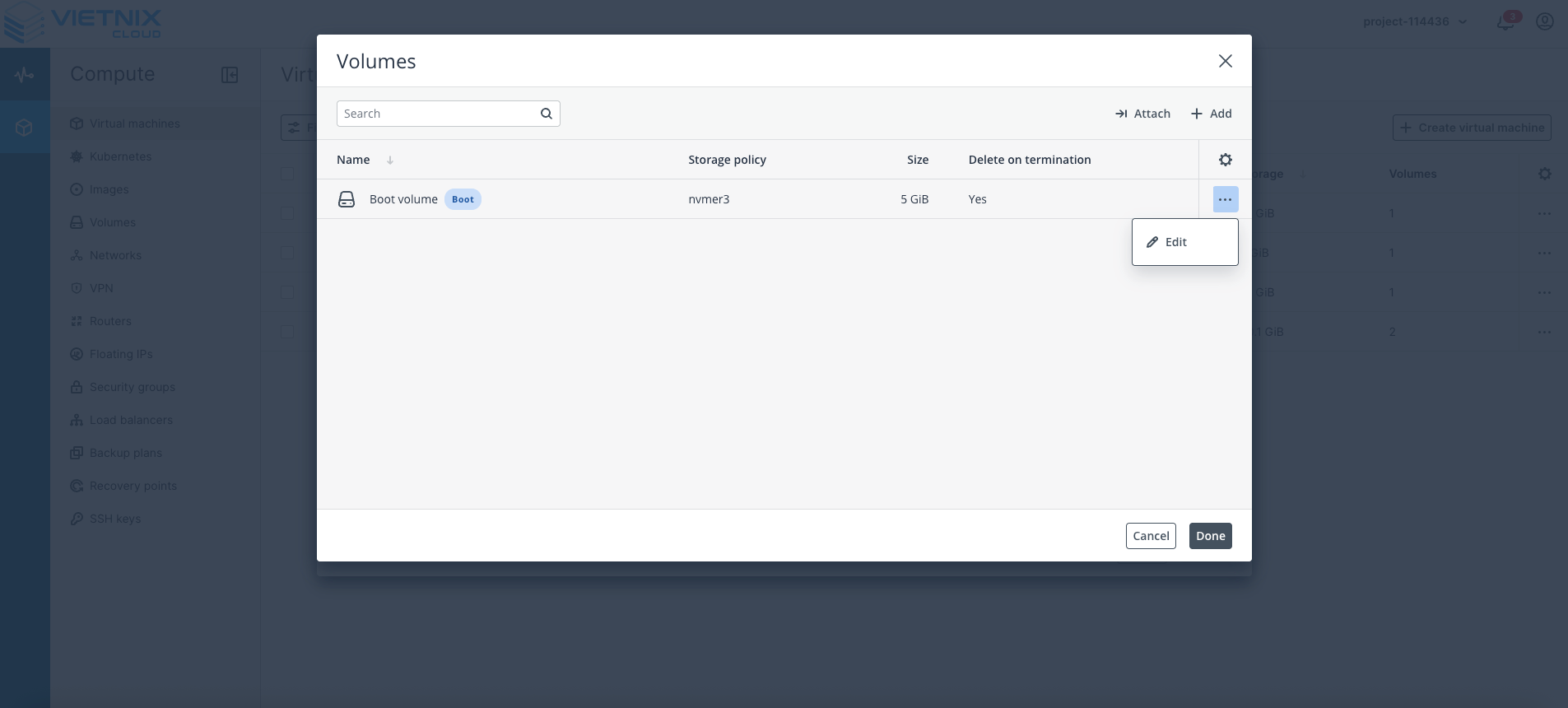Select the volume for the virtual machine