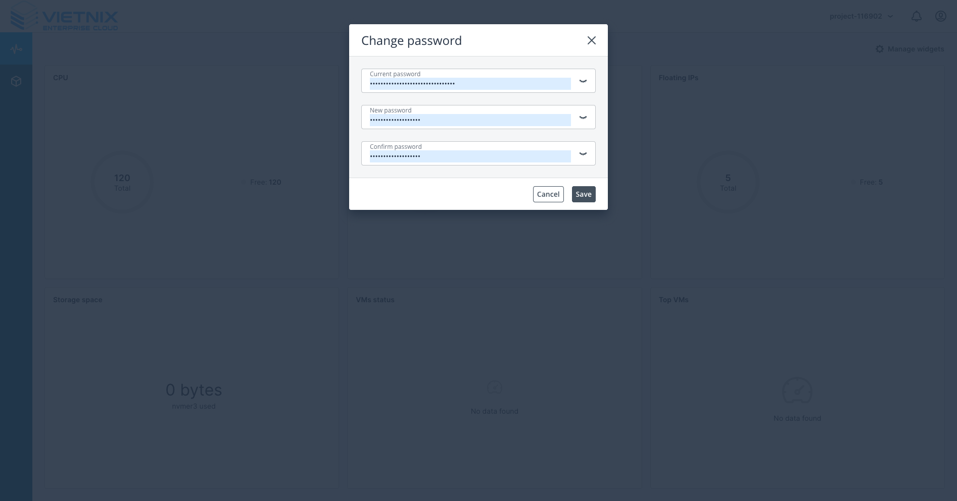 Change Password dialog filled