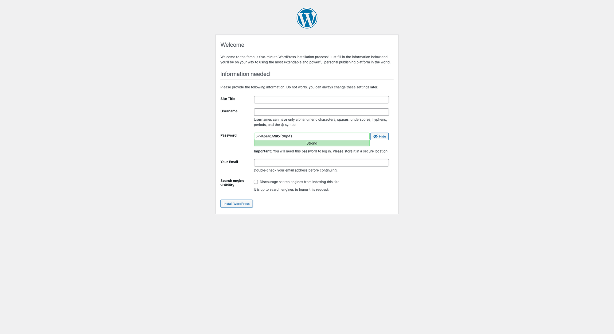 WordPress installation page