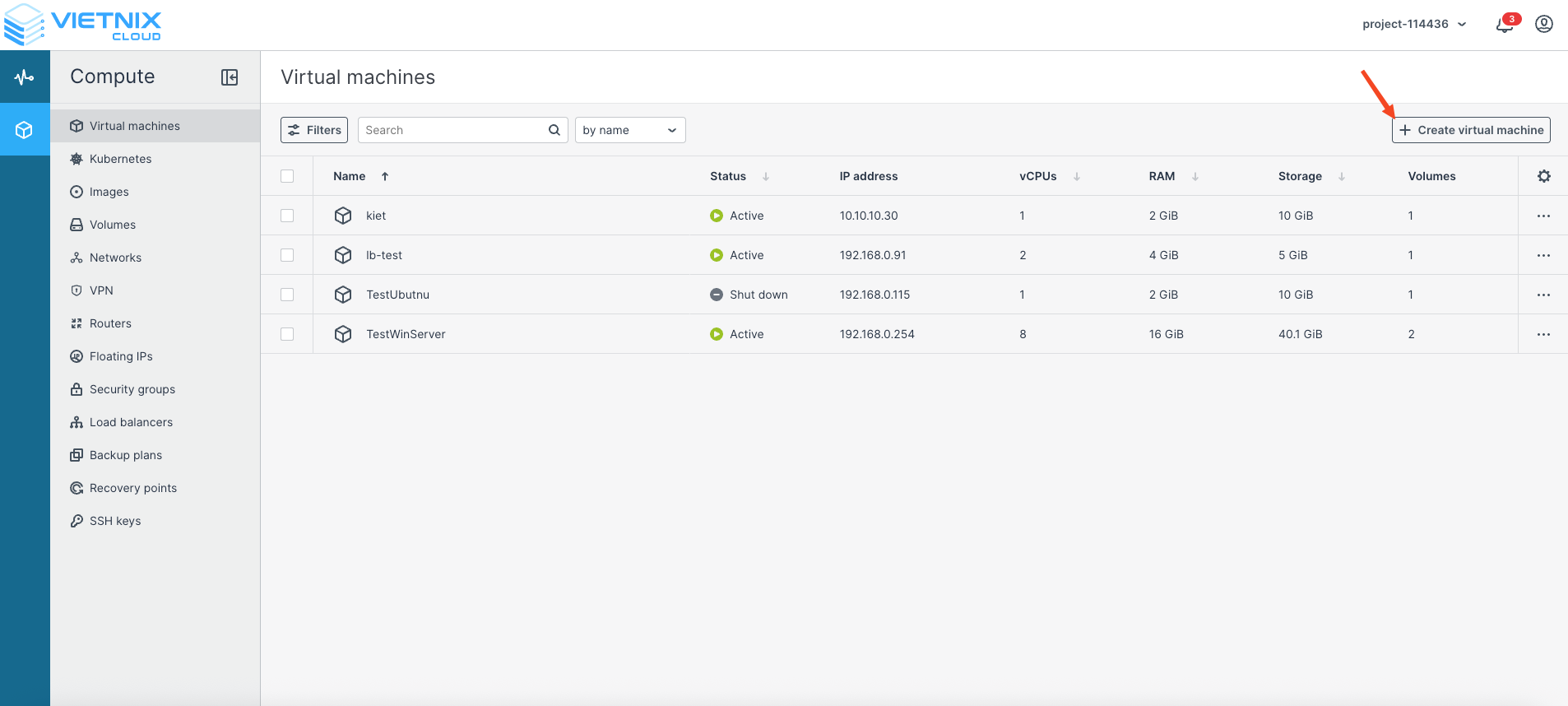 Dashboard Virtual Machines