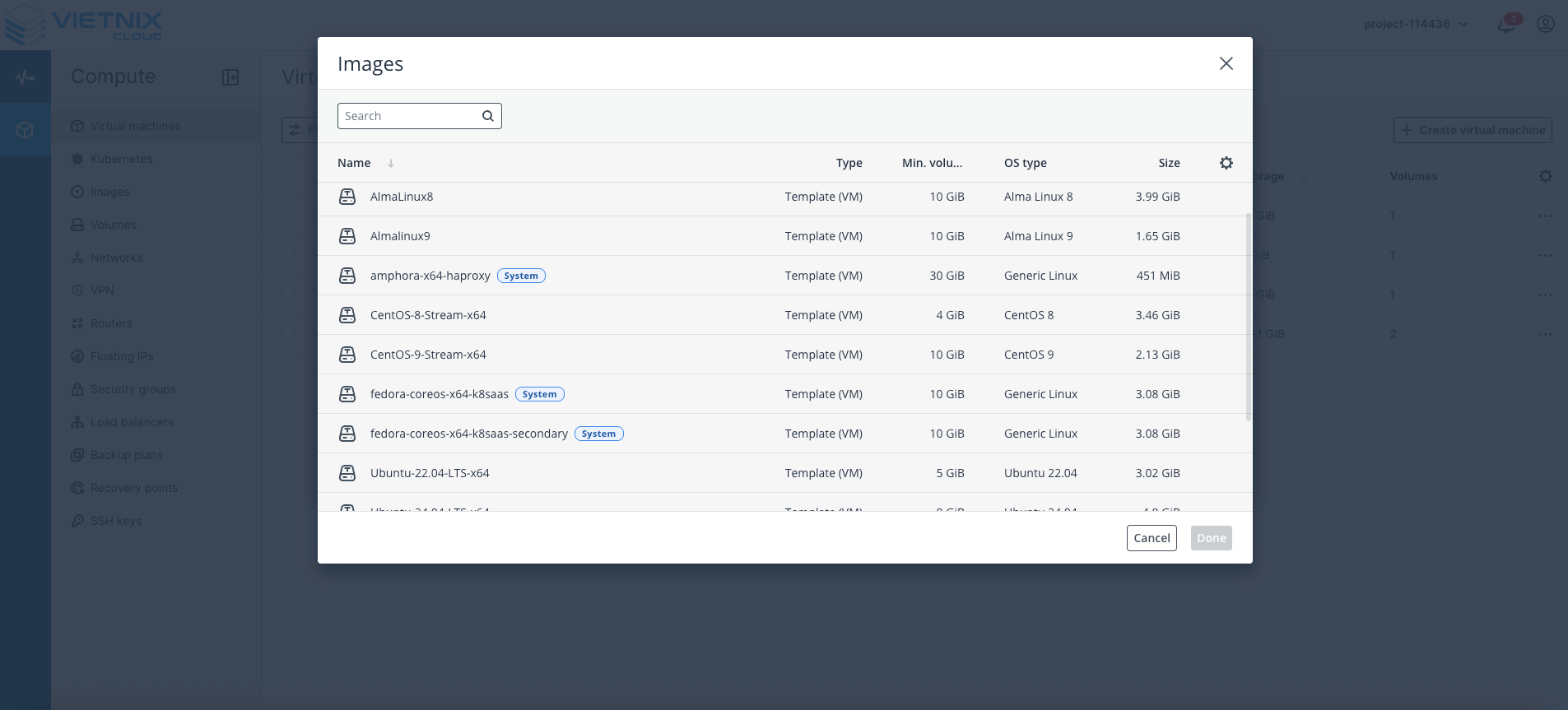 Select the image for the virtual machine